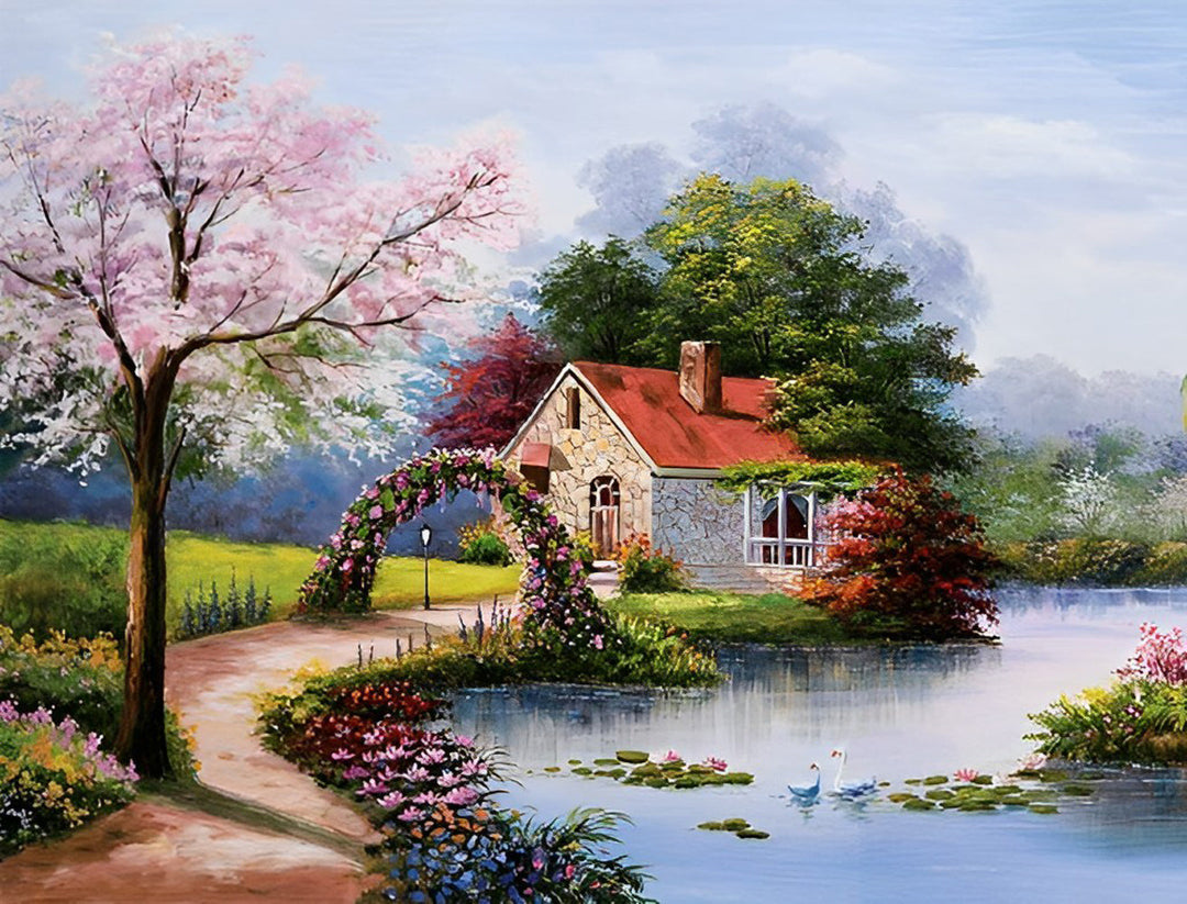 Rooddakhuis aan de Rivier Diamond Painting