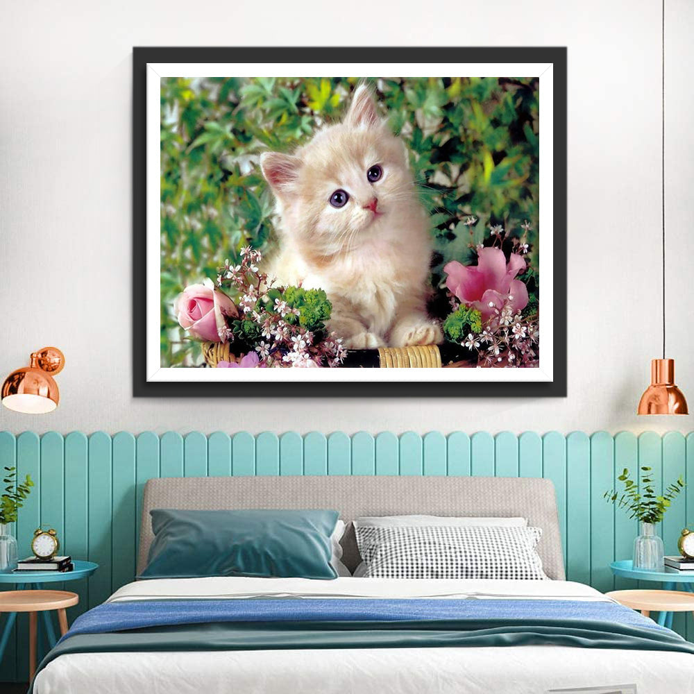 Roze Bloem en Kitten Diamond Painting