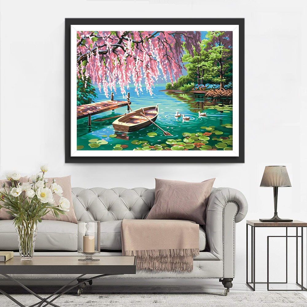 Roze Bloemen bij het Meer Diamond Painting