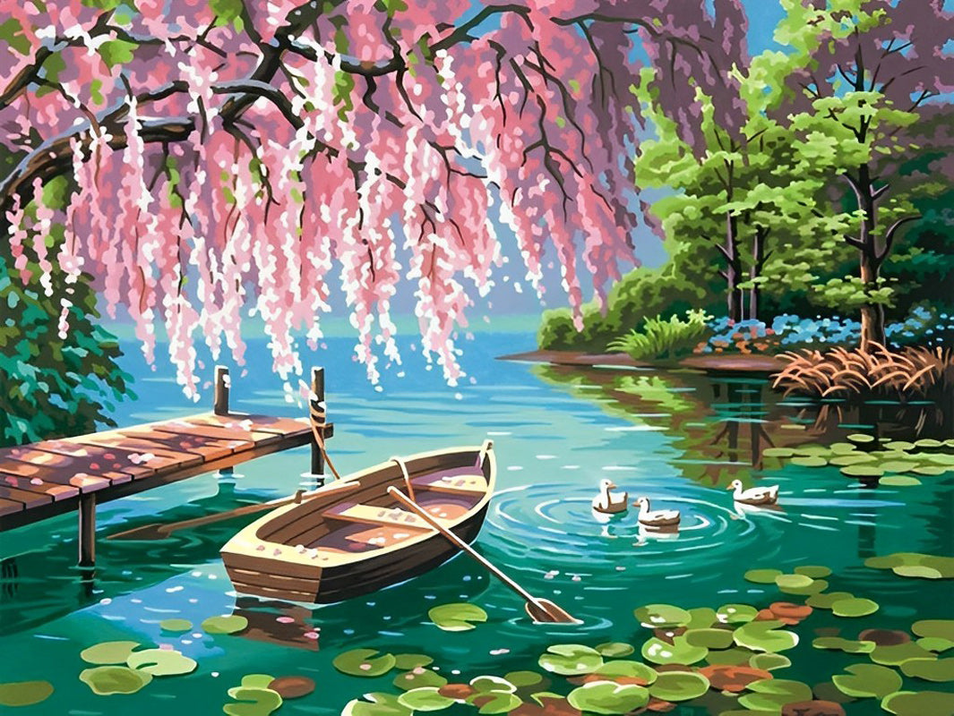 Roze Bloemen bij het Meer Diamond Painting