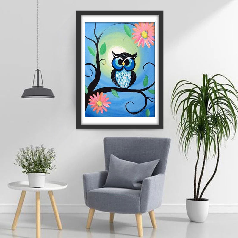 Roze Bloemen en een Blauwe Uil op een Boom Diamond Painting