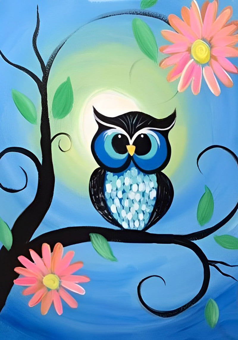 Roze Bloemen en een Blauwe Uil op een Boom Diamond Painting