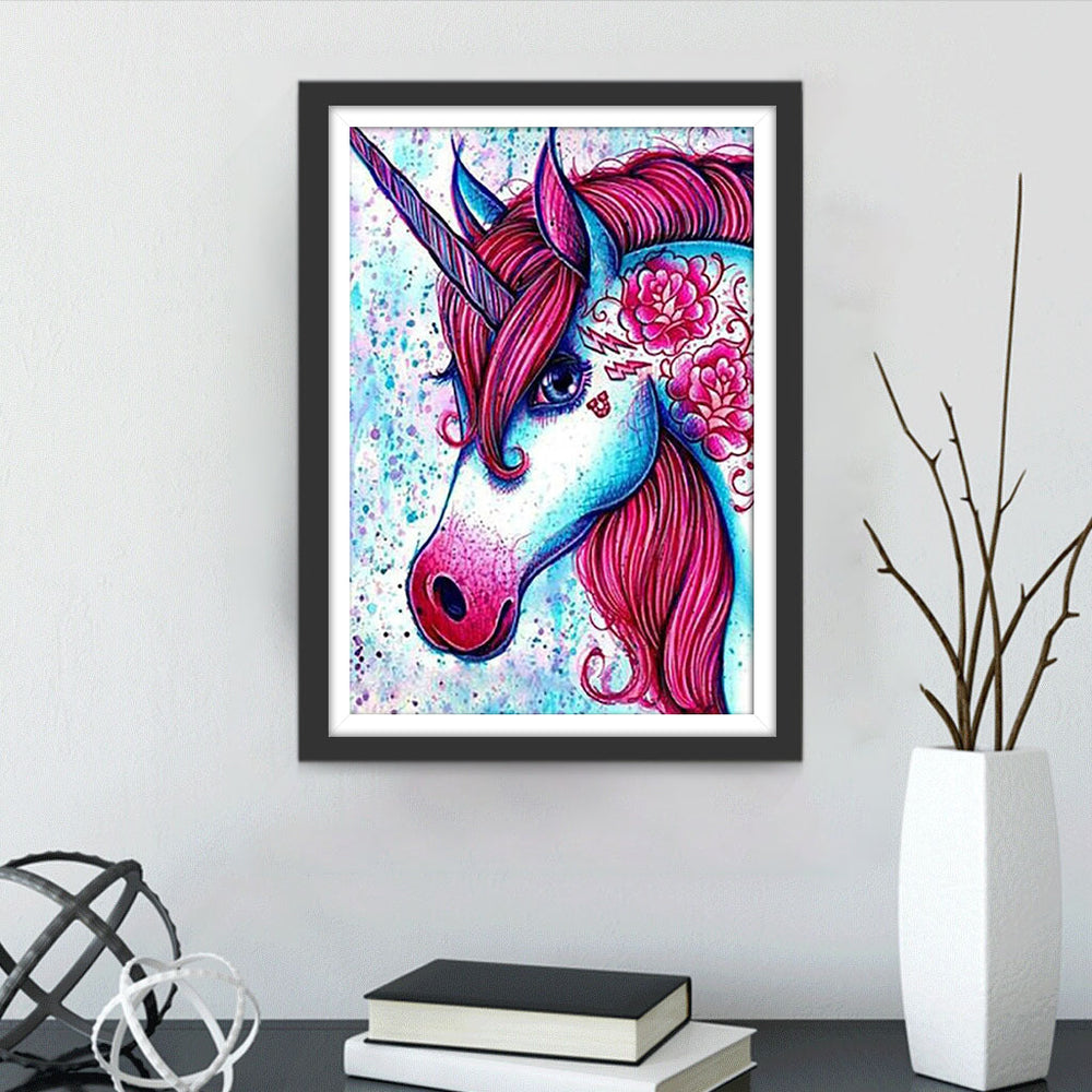 Roze Bloemen en Eenhoorn met Roze Bont Diamond Painting
