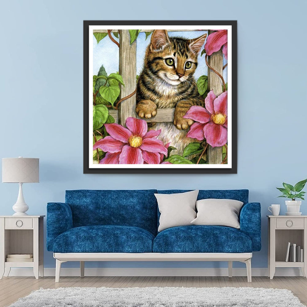 Roze Bloemen en Kat op het Hek Diamond Painting
