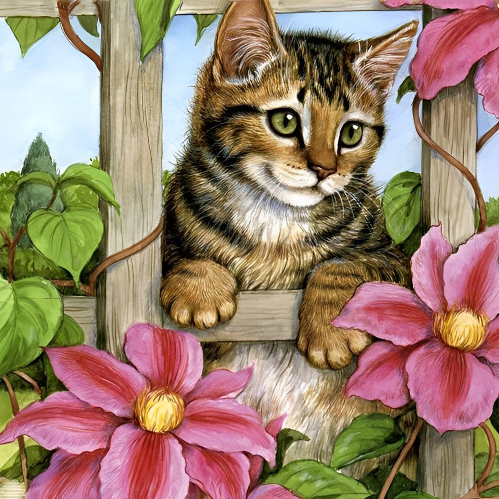 Roze Bloemen en Kat op het Hek Diamond Painting