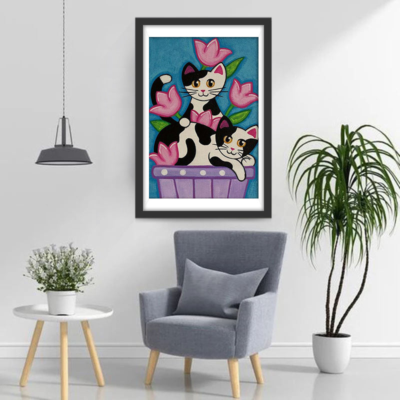 Roze Bloemen en Katten in Potten Diamond Painting