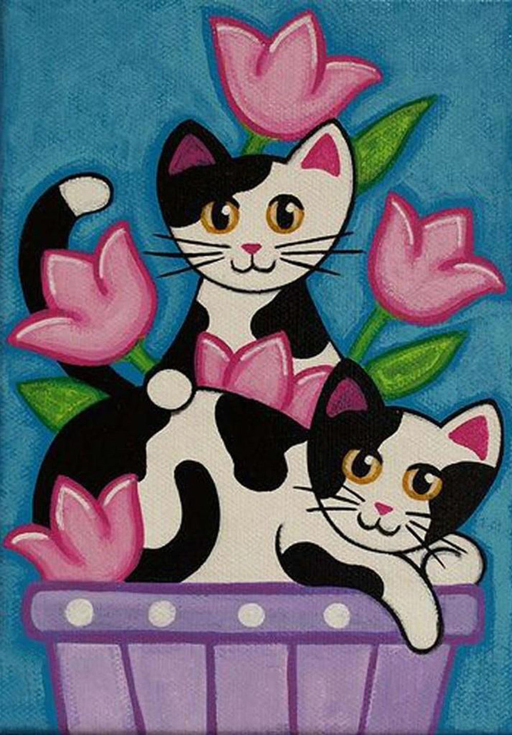 Roze Bloemen en Katten in Potten Diamond Painting