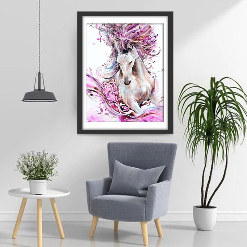 Roze Bloemen en Paard Diamond Painting