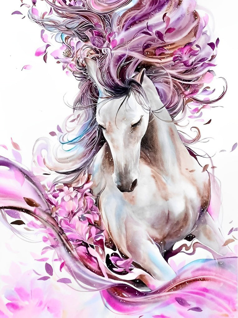 Roze Bloemen en Paard Diamond Painting
