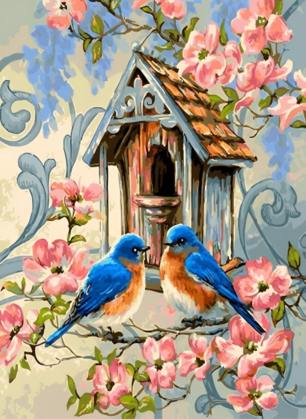 Roze Bloemen en Twee Blauwe Kolibries Diamond Painting