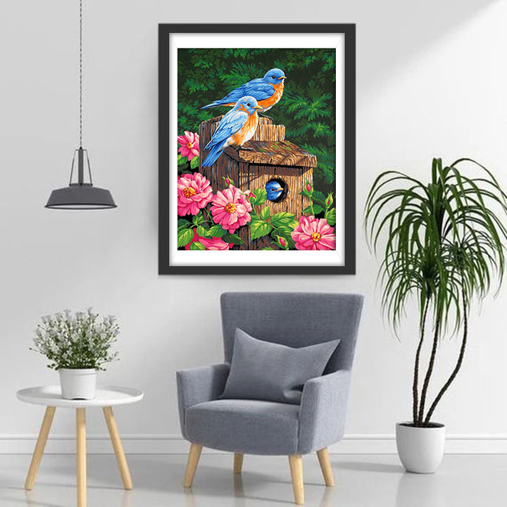 Roze Bloemen en Twee Blauwe Roodborstjes Diamond Painting