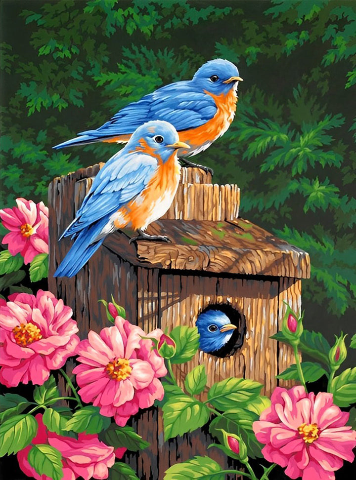 Roze Bloemen en Twee Blauwe Roodborstjes Diamond Painting