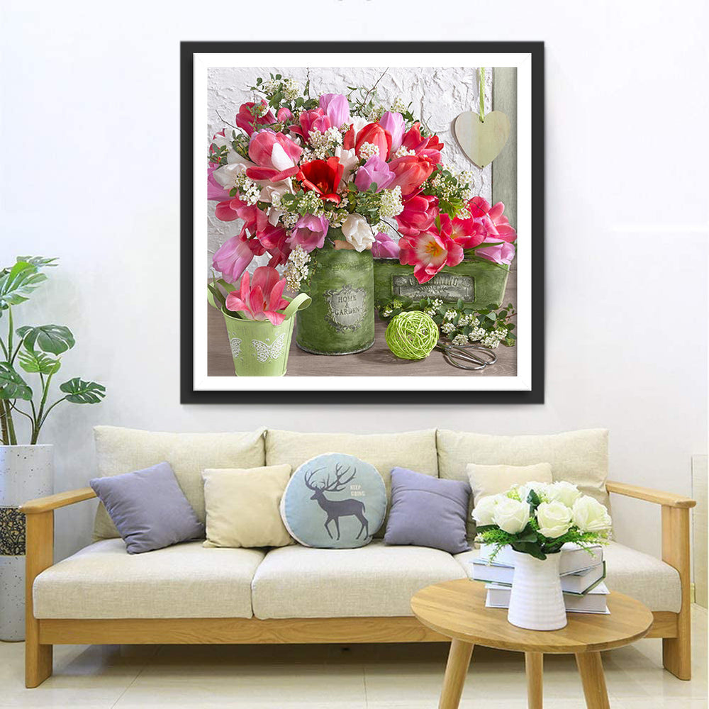 Roze Bloemen in een Groene Mand Diamond Painting