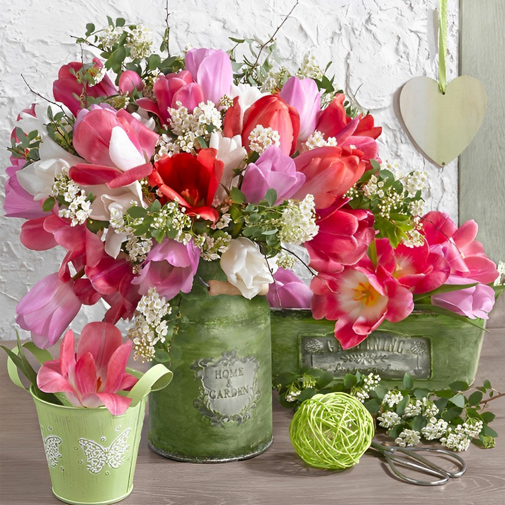 Roze Bloemen in een Groene Mand Diamond Painting