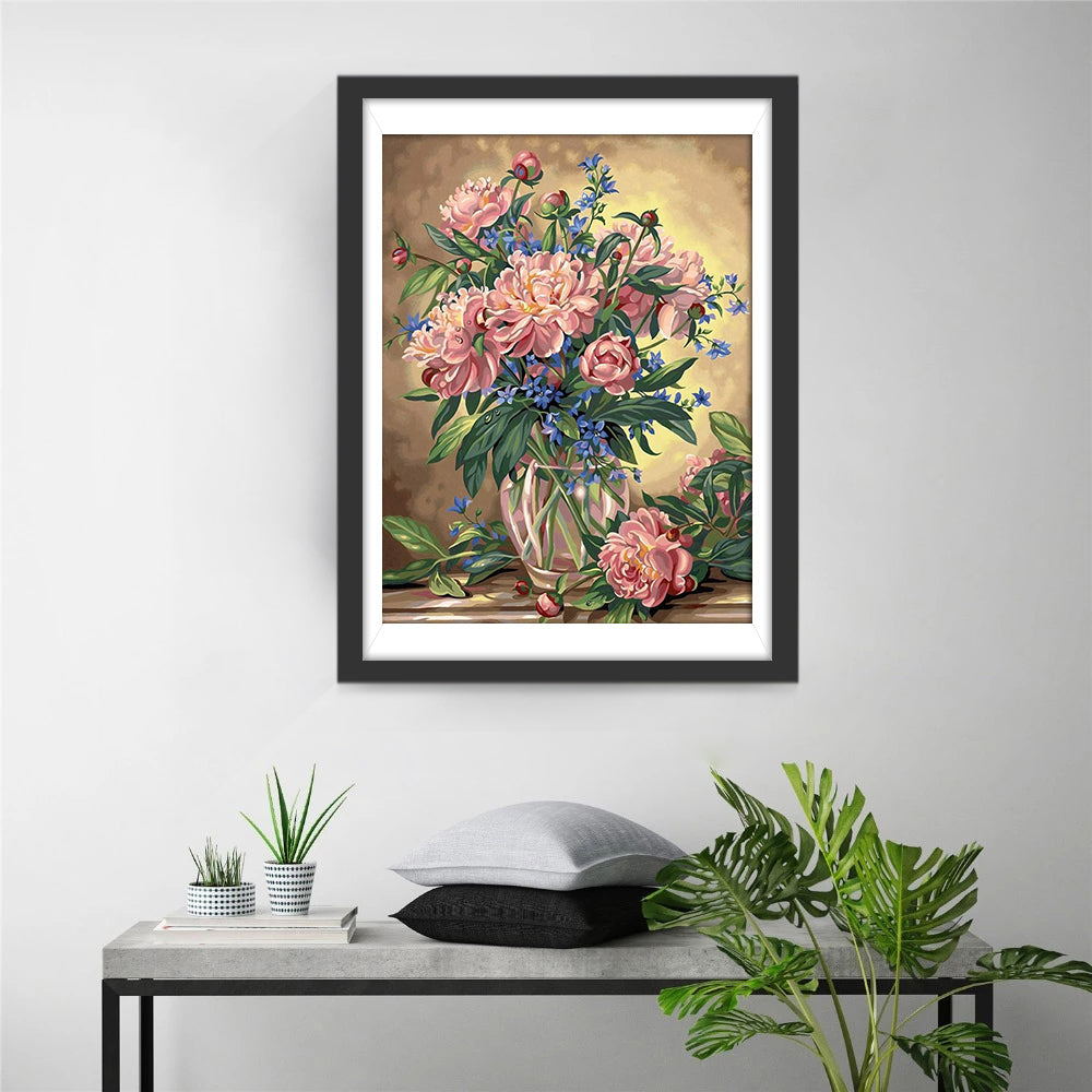 Roze Bloemen in Glazen Fles Diamond Painting