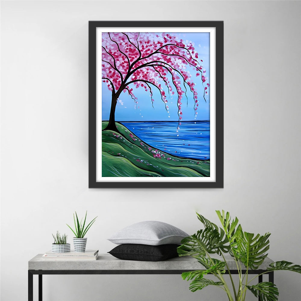 Roze Boom en Grasveld Diamond Painting