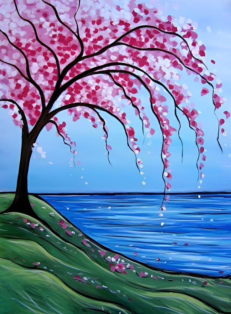 Roze Boom en Grasveld Diamond Painting