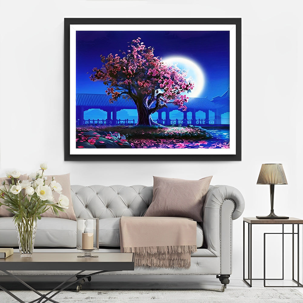Roze Boom in Maanlicht Diamond Painting