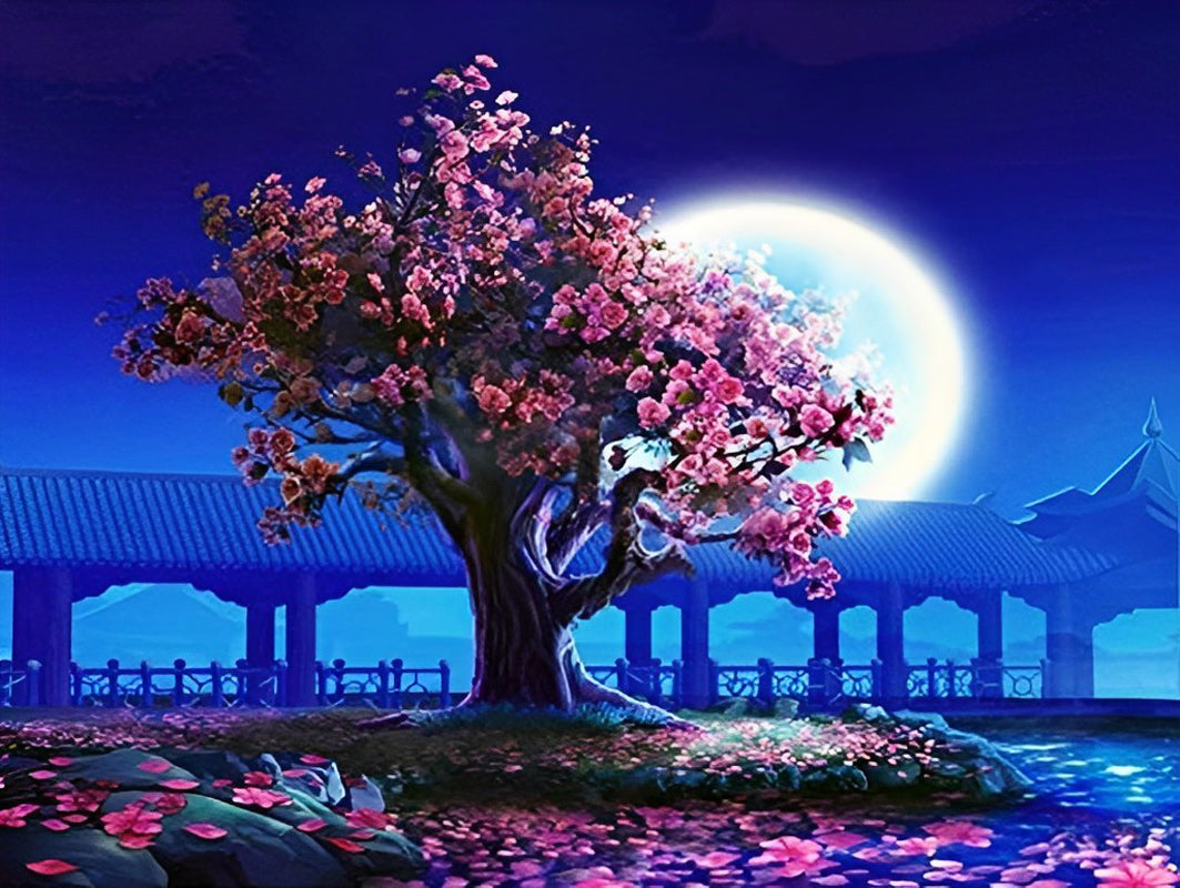 Roze Boom in Maanlicht Diamond Painting