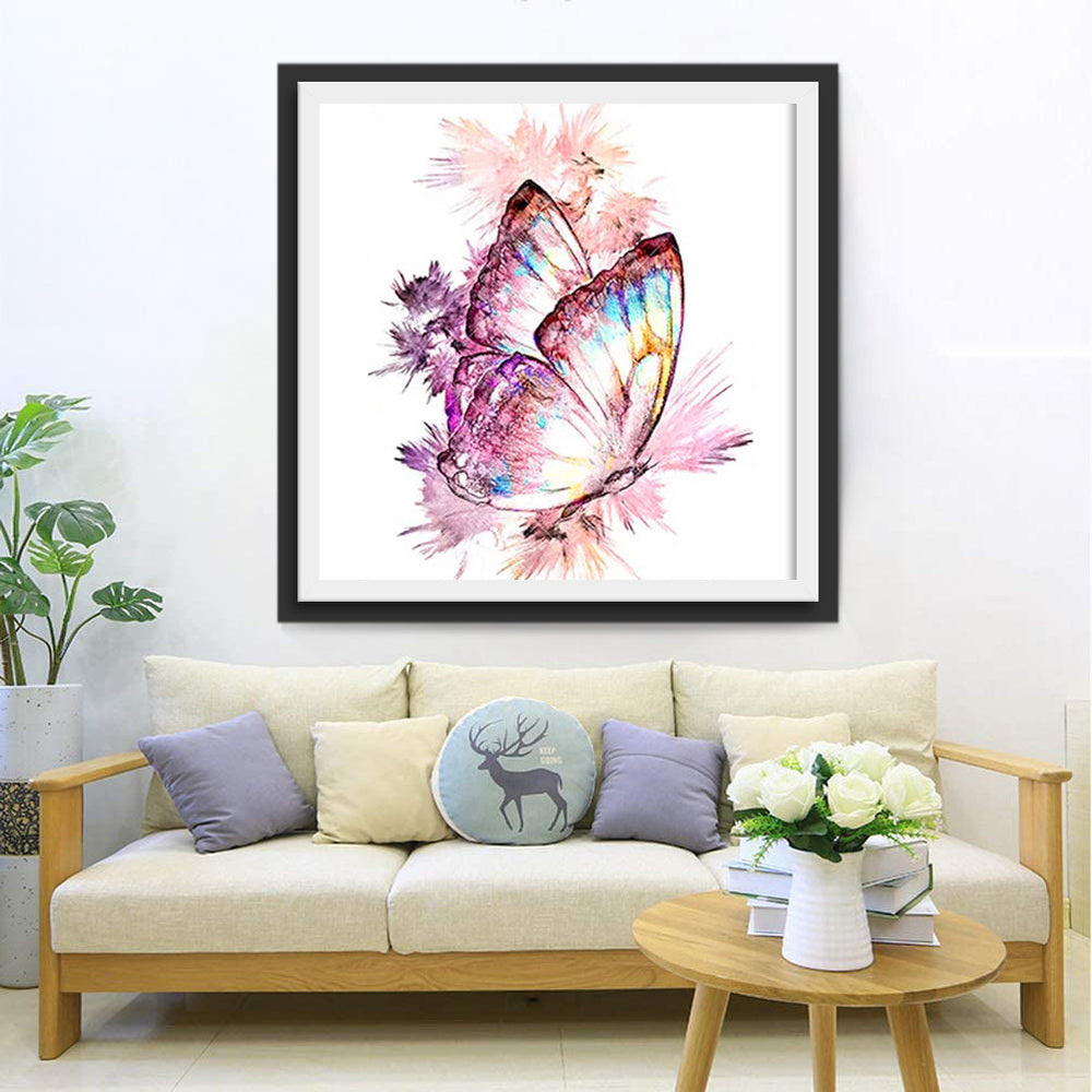 Roze en Paarse Bloemen en Kleurrijke Vlinder Diamond Painting