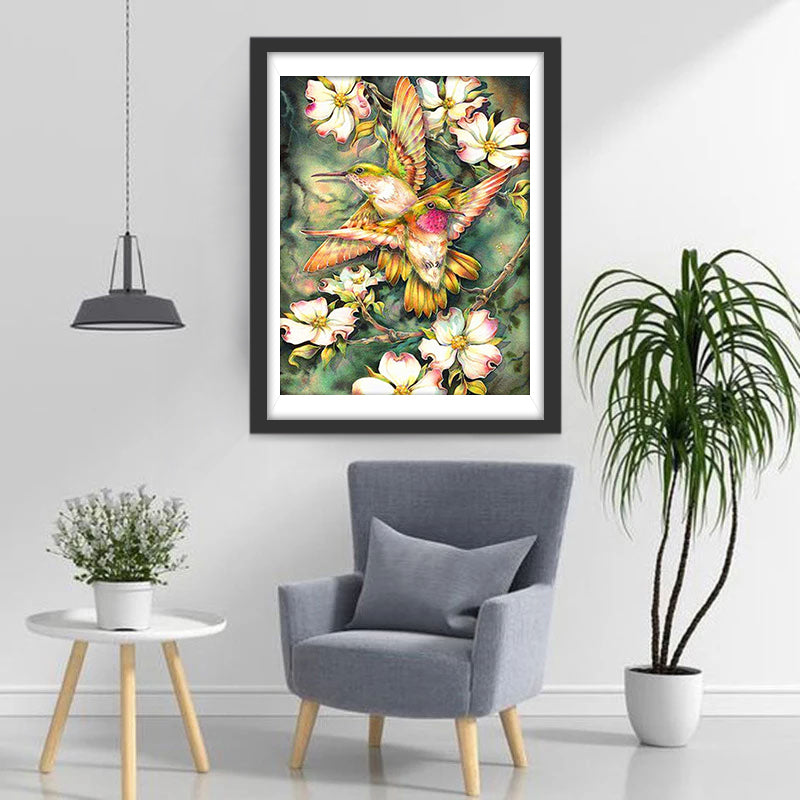 Roze en Witte Bloemen en Twee Vogels Diamond Painting