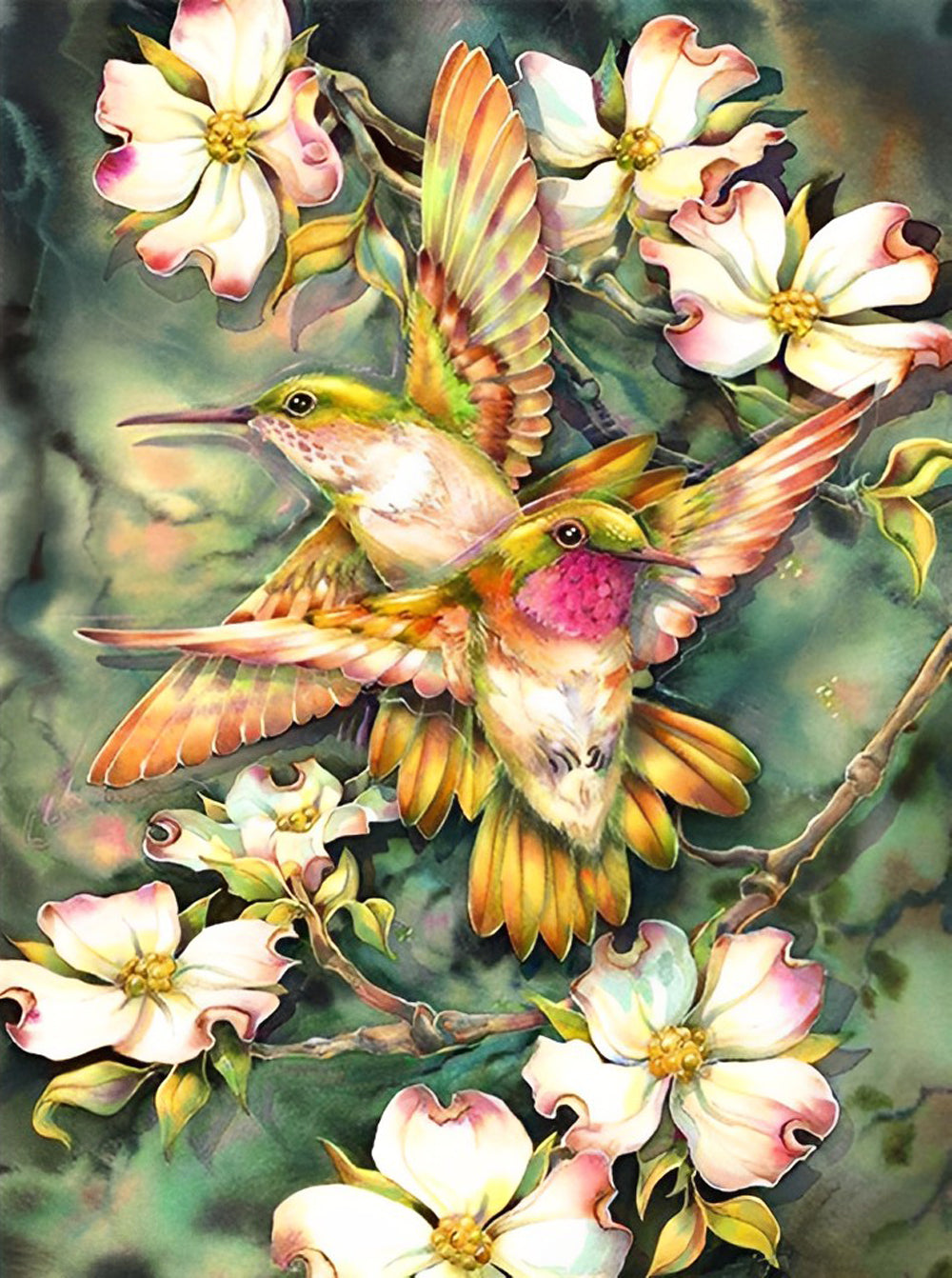 Roze en Witte Bloemen en Twee Vogels Diamond Painting