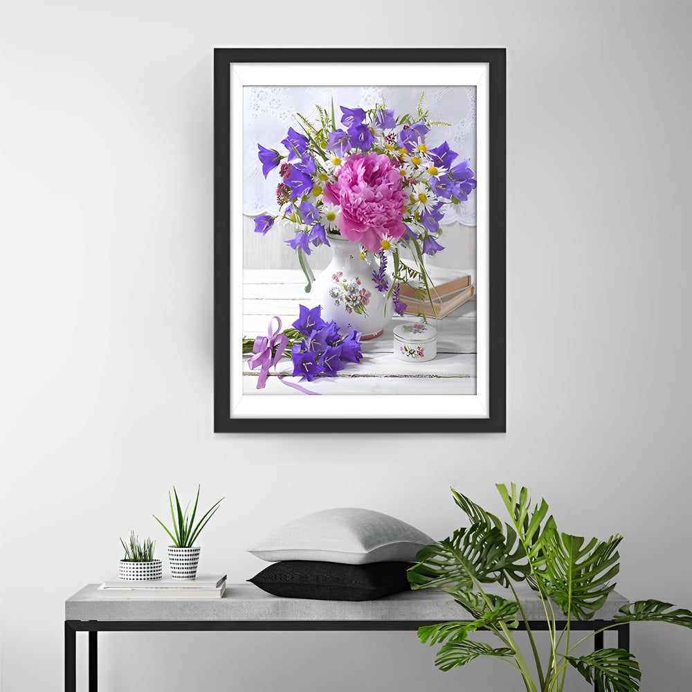 Roze Pioenroos en Kleine Paarse Bloemen Diamond Painting