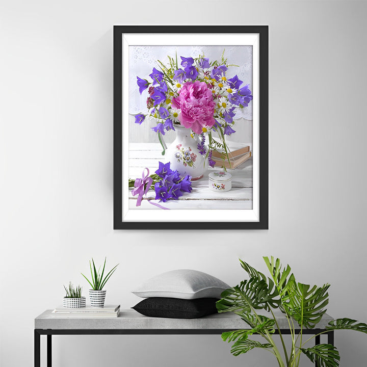 Roze Pioenroos en Kleine Paarse Bloemen Diamond Painting