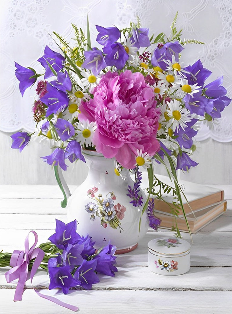 Roze Pioenroos en Kleine Paarse Bloemen Diamond Painting