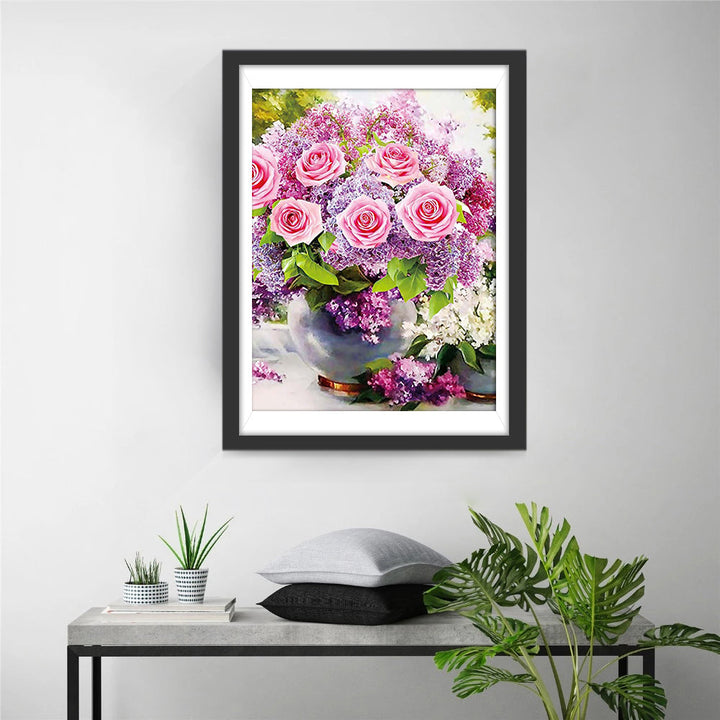 Roze Rozen en Paarse Seringen in Vaas Diamond Painting