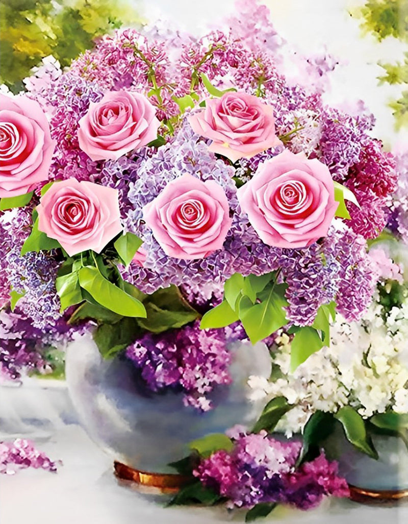 Roze Rozen en Paarse Seringen in Vaas Diamond Painting