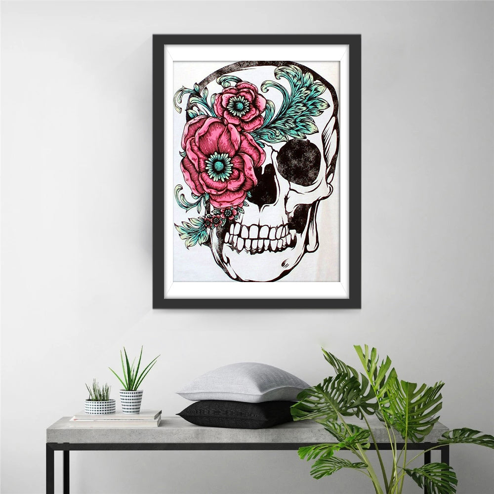 Roze Rozen op de Schedel Diamond Painting
