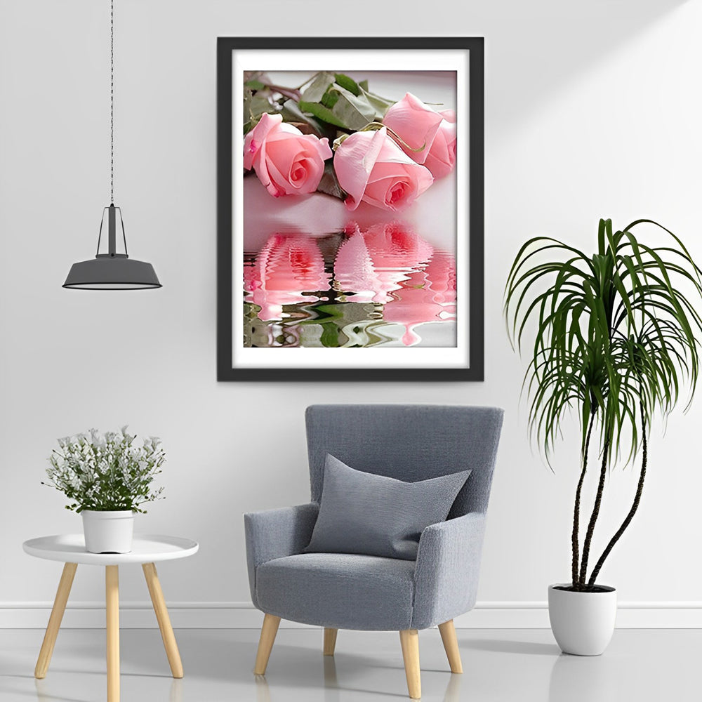 Roze Rozen Weerspiegeld in het Water Diamond Painting