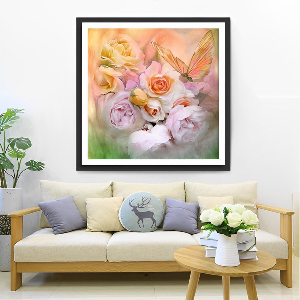 Rozen en een Vlinder in Pastelkleurig Tafereel Diamond Painting