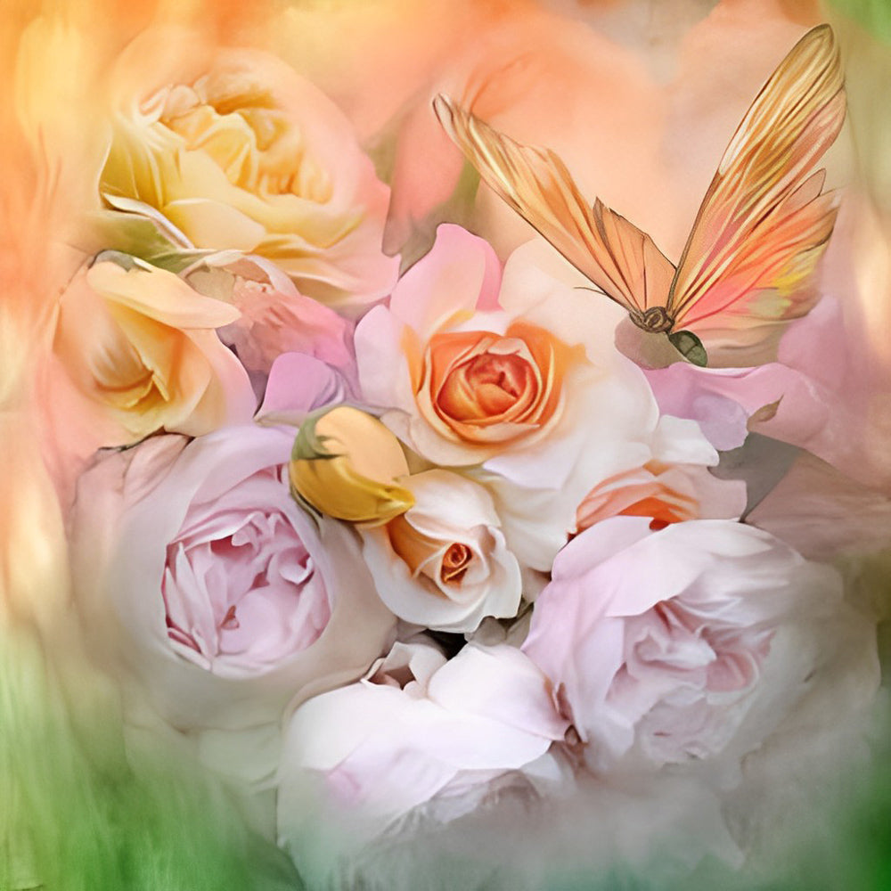 Rozen en een Vlinder in Pastelkleurig Tafereel Diamond Painting