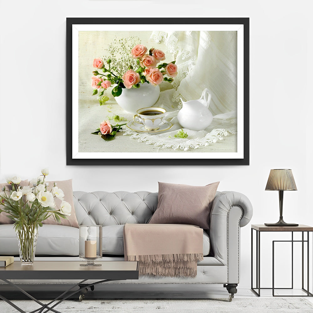Rozen in Vaas met Koffiekop en Melkkan in Zachte Tinten Diamond Painting