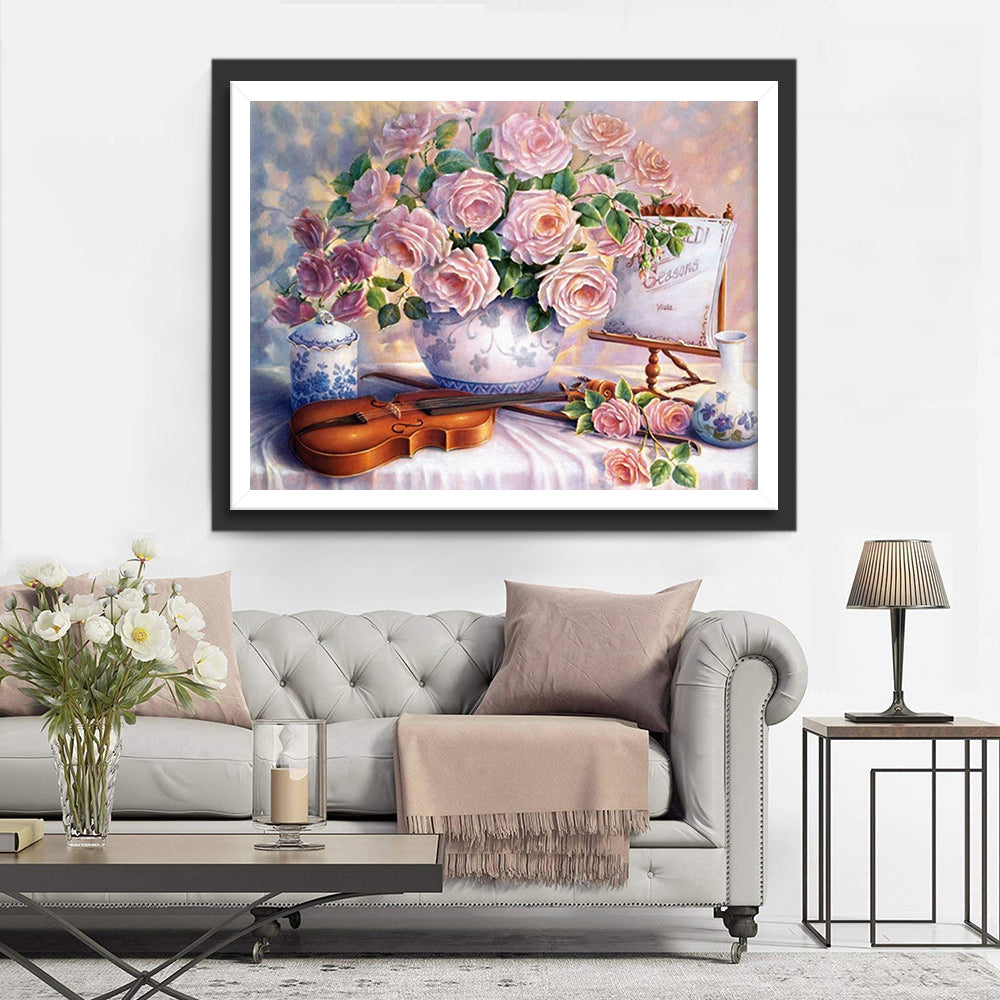 Rozen in Vaas met Viool en Porseleinen Voorwerpen Diamond Painting