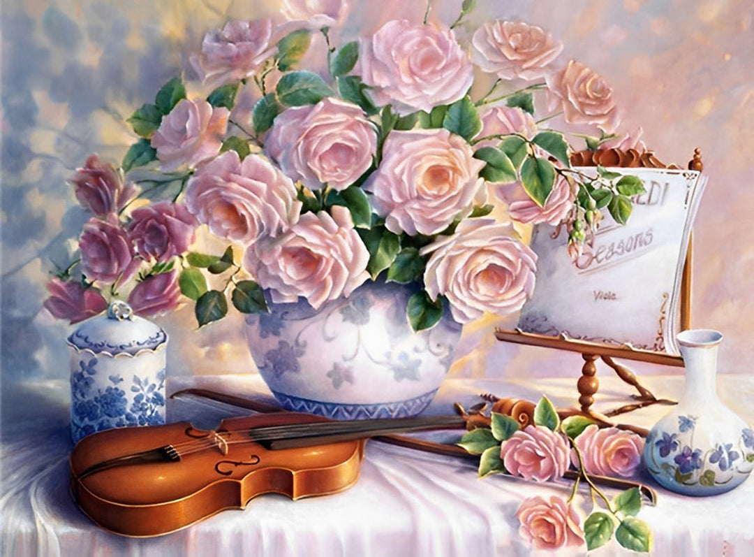 Rozen in Vaas met Viool en Porseleinen Voorwerpen Diamond Painting