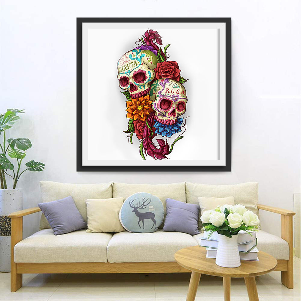 Rozen tussen Twee Doodshoofden Diamond Painting