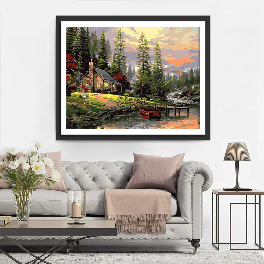 Rustgevende Avondscène bij het Meerhuisje Diamond Painting