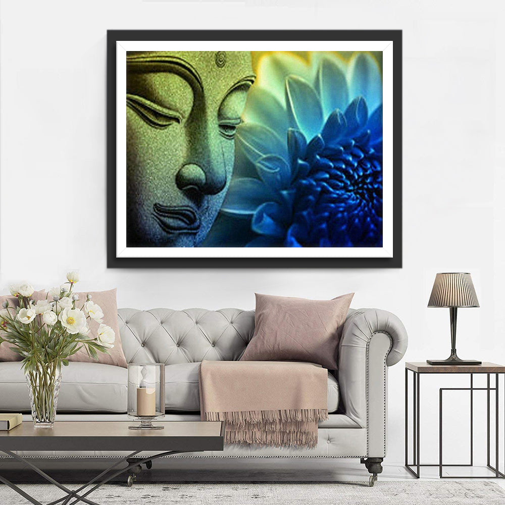 Rustgevende Boeddha naast Levendige Bloem Diamond Painting