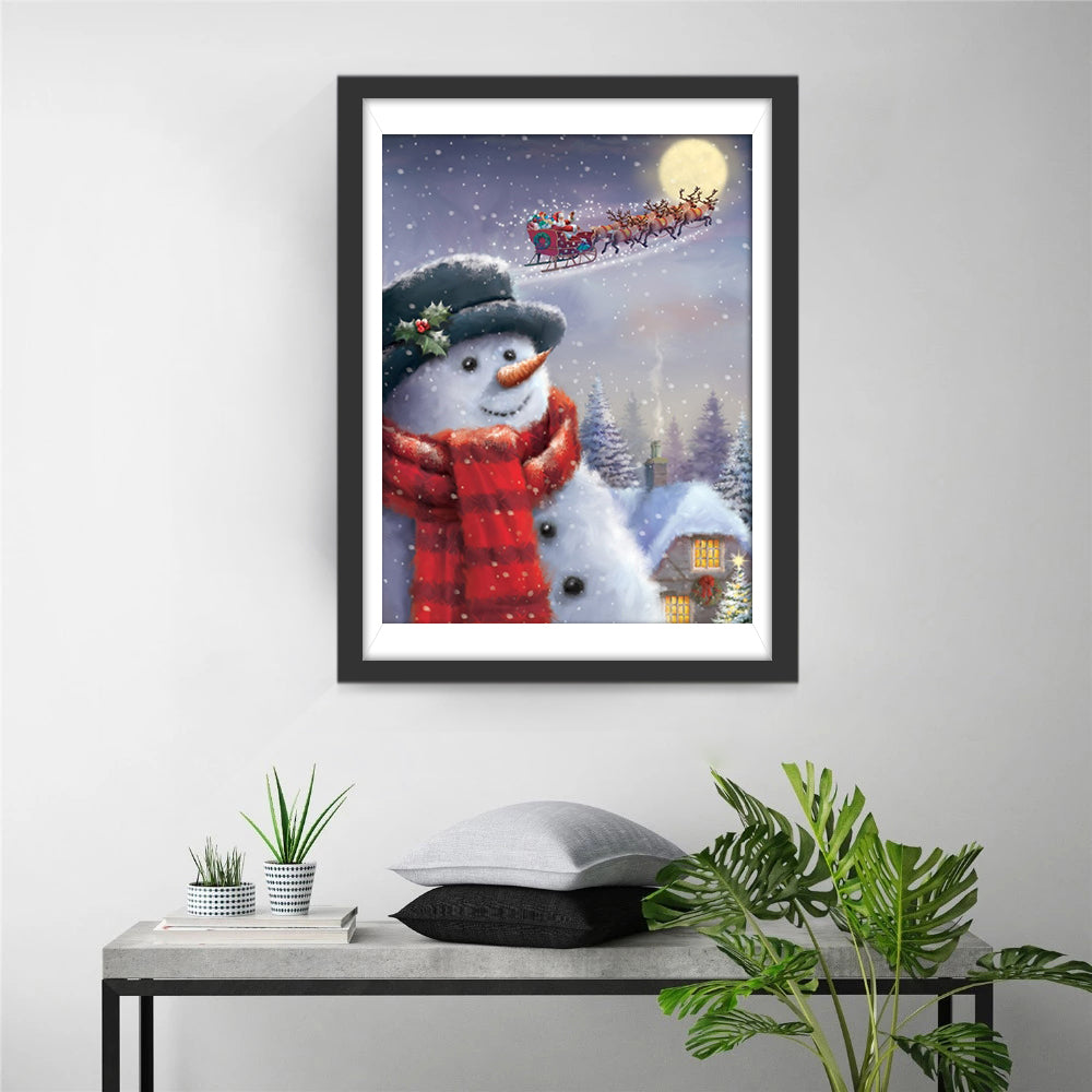Rustige Winteravond met Sneeuwman en Kerstgebeuren Diamond Painting