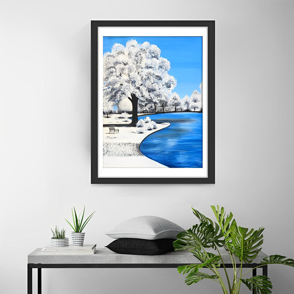 Rustige Winterstilte bij de Besneeuwde Boom en Plas Diamond Painting