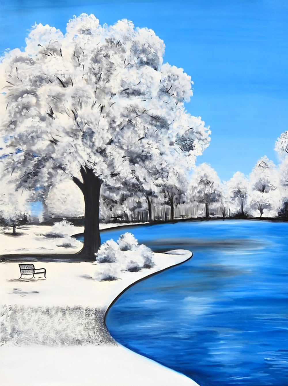 Rustige Winterstilte bij de Besneeuwde Boom en Plas Diamond Painting