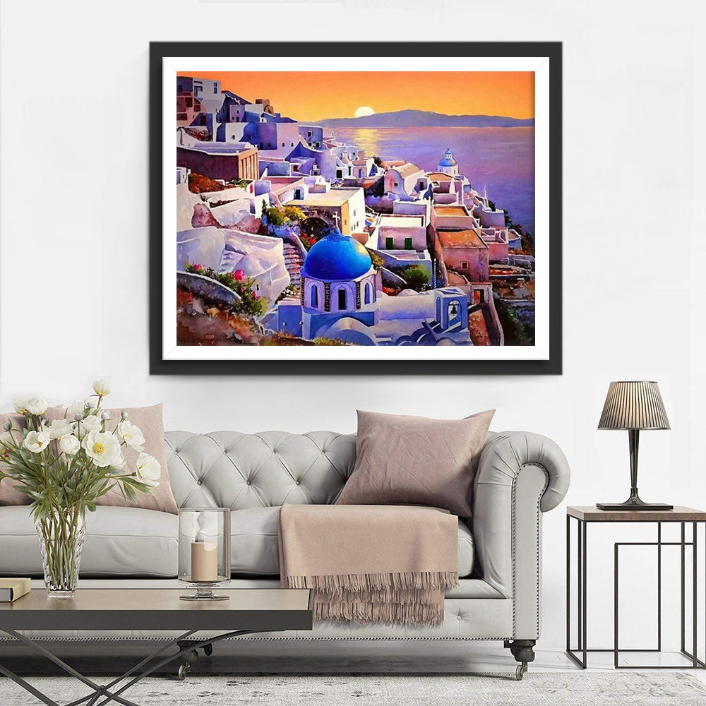 Santorini bij de Avondzon Diamond Painting