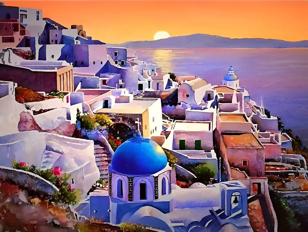 Santorini bij de Avondzon Diamond Painting