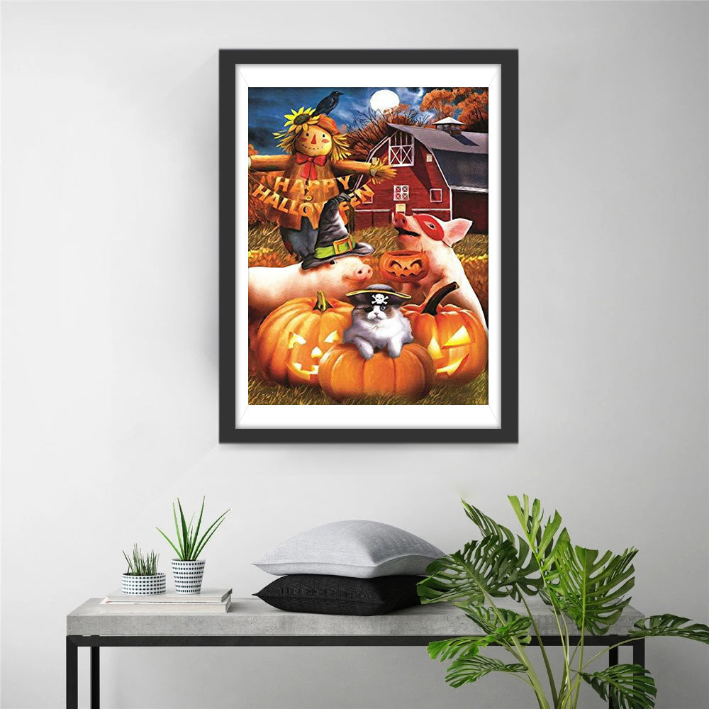 Scarecrow, Varken, Kat en Pompoenen Diamond Painting