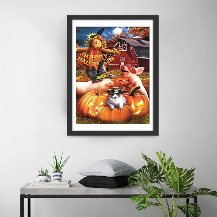 Scarecrow, Varken, Kat en Pompoenen Diamond Painting