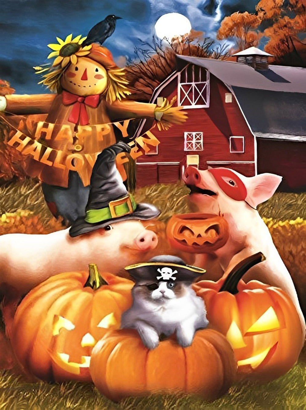Scarecrow, Varken, Kat en Pompoenen Diamond Painting