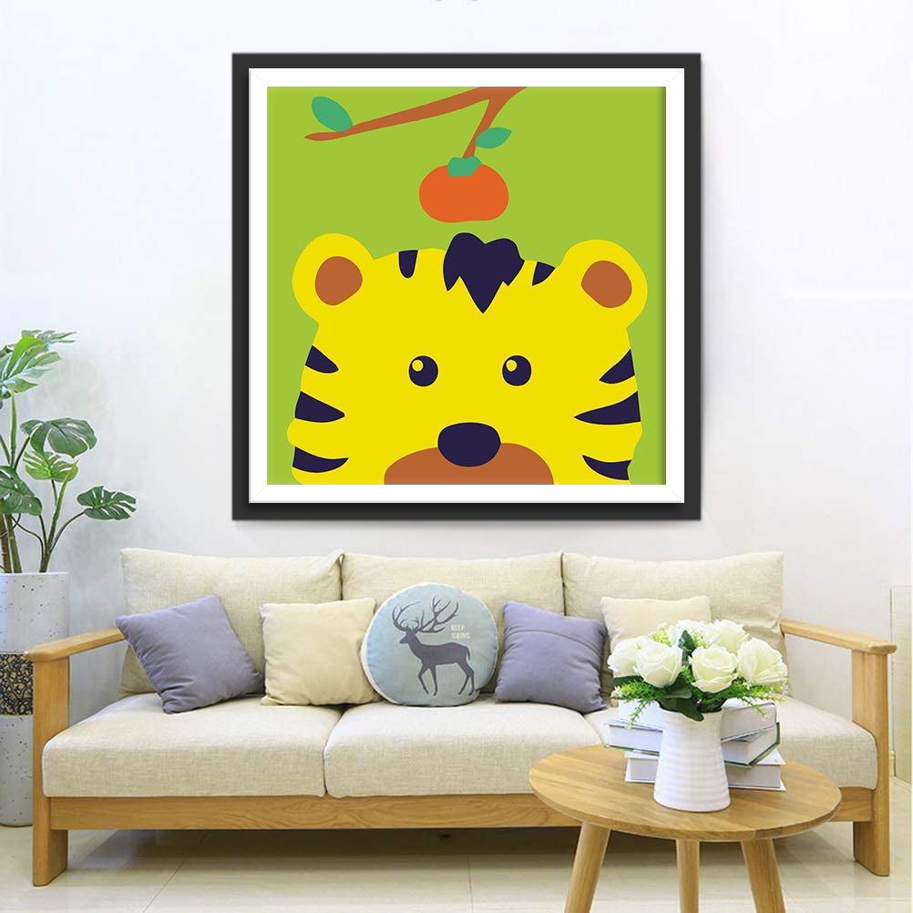 Schattig Geel Tijgerhoofdje met Appeltje Diamond Painting
